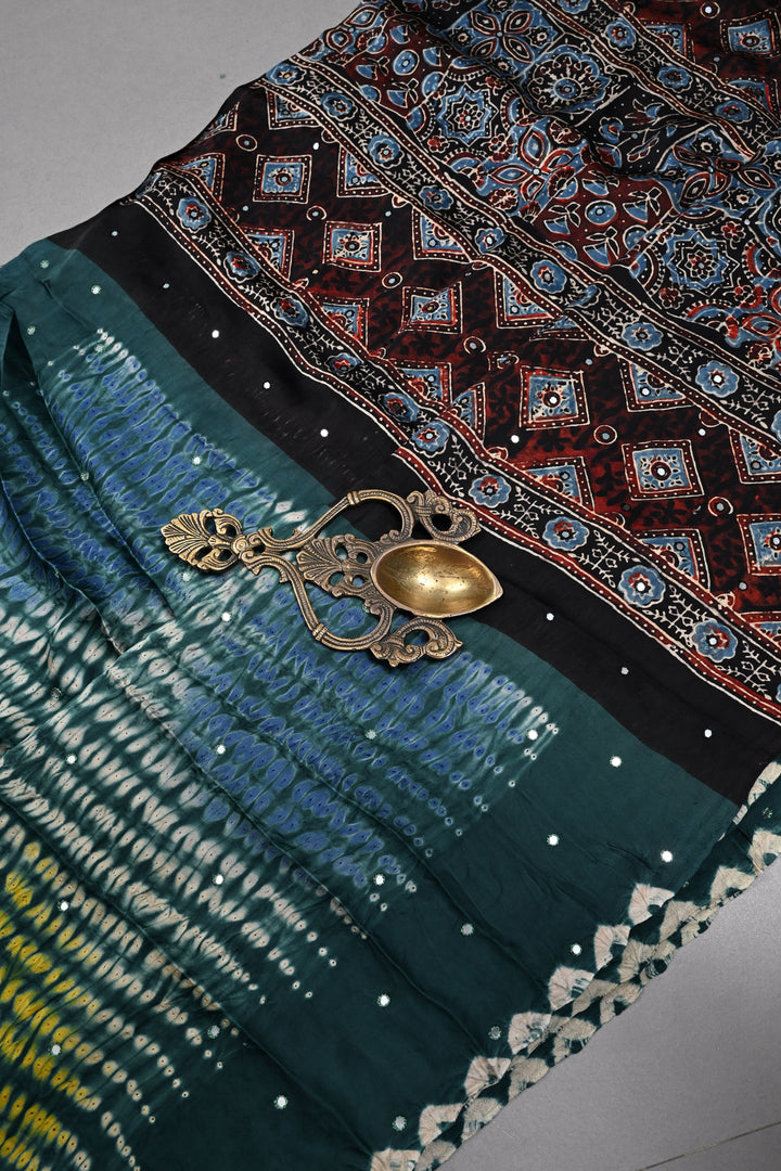 Tikki Work on Ajrakh Shibori Handcrafted Jugalbandi Saree in Teal Modal Silk  | SHOBITAM