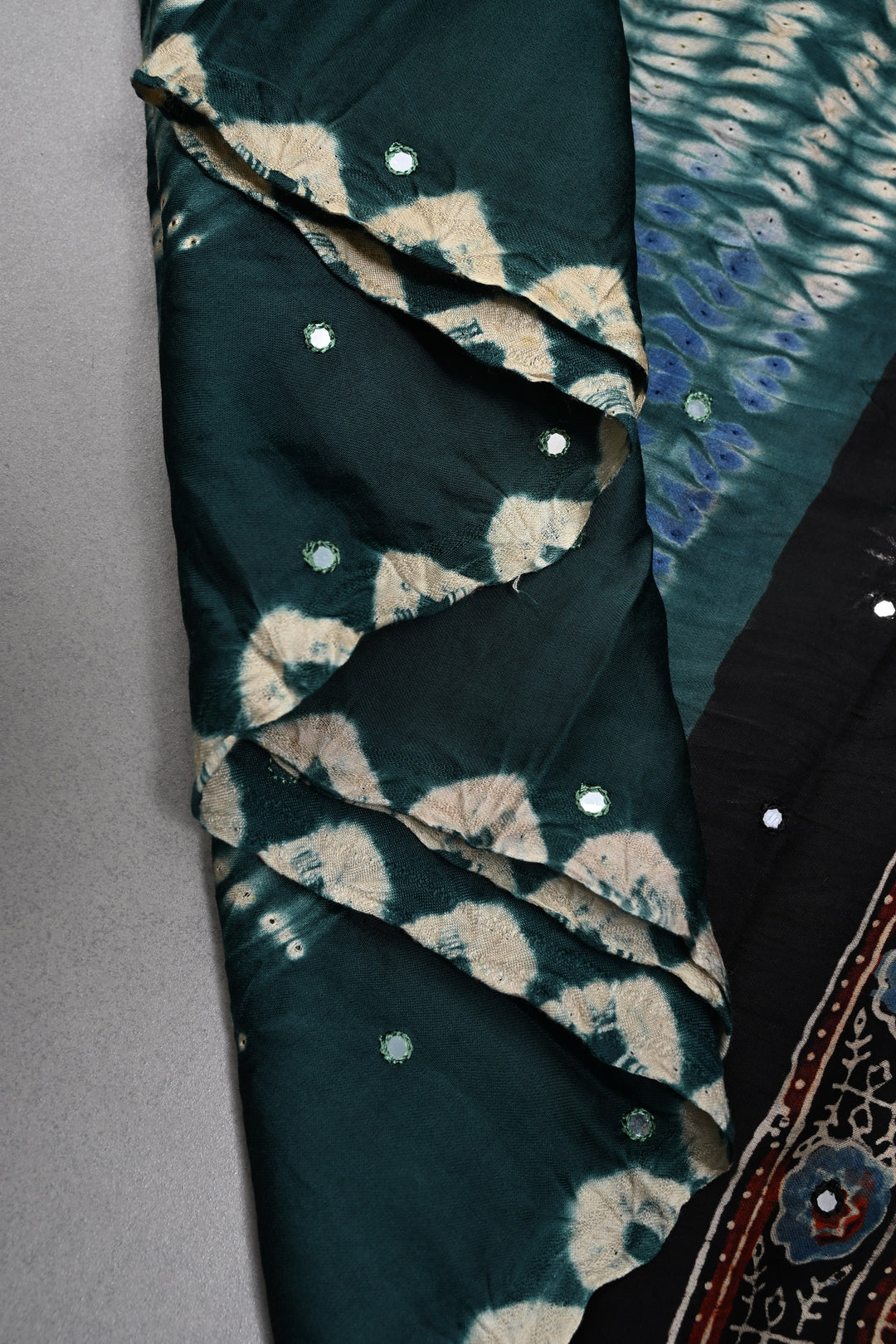 Tikki Work on Ajrakh Shibori Handcrafted Jugalbandi Saree in Teal Modal Silk  | SHOBITAM