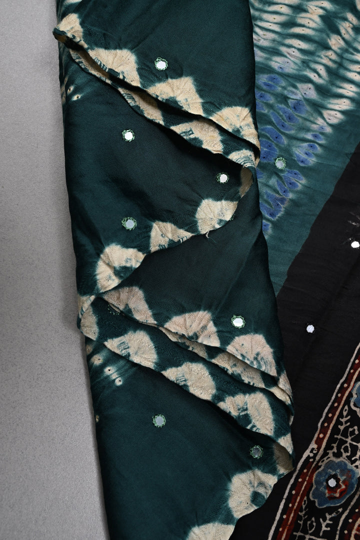 Tikki Work on Ajrakh Shibori Handcrafted Jugalbandi Saree in Teal Modal Silk  | SHOBITAM