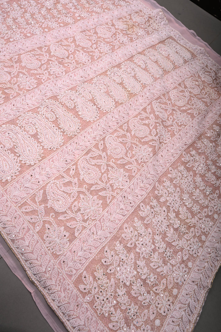Peach Authentic Hand-Embroidered Full Jaal Chikankari Georgette Saree with Sequins and Aari work| SHOBITAM