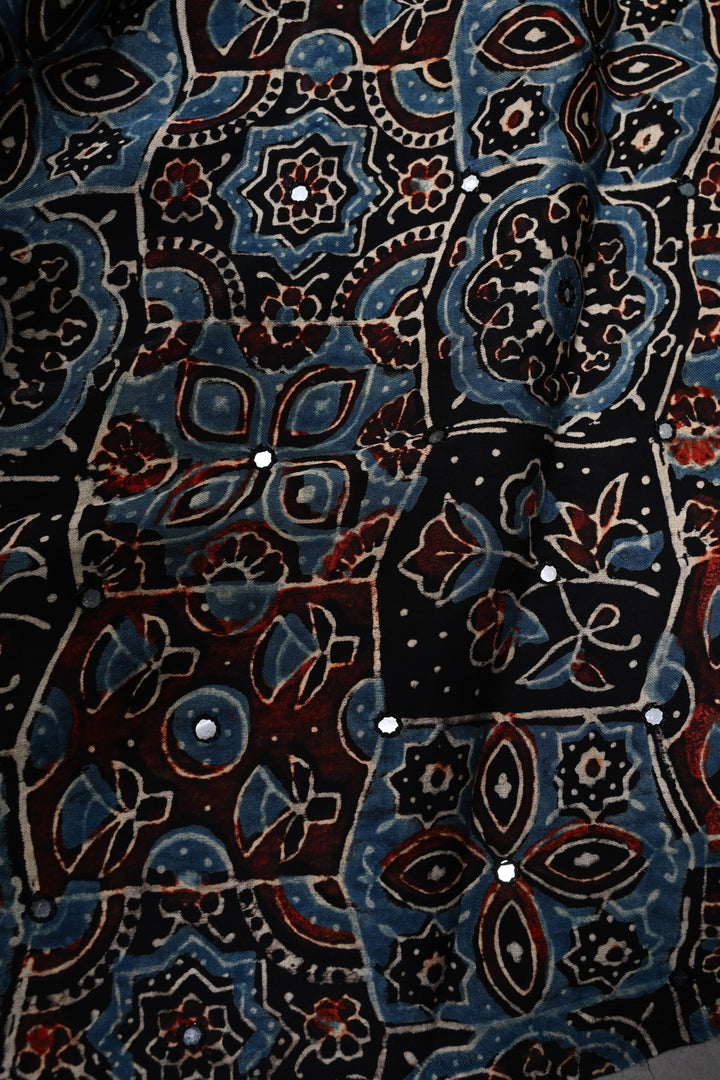 Tikki Work on Ajrakh Shibori Handcrafted Jugalbandi Saree in Teal Modal Silk  | SHOBITAM