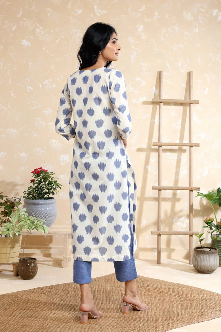 White & Blue Handwoven Pure Cotton Ikkat Co-ord Set | SHOBITAM