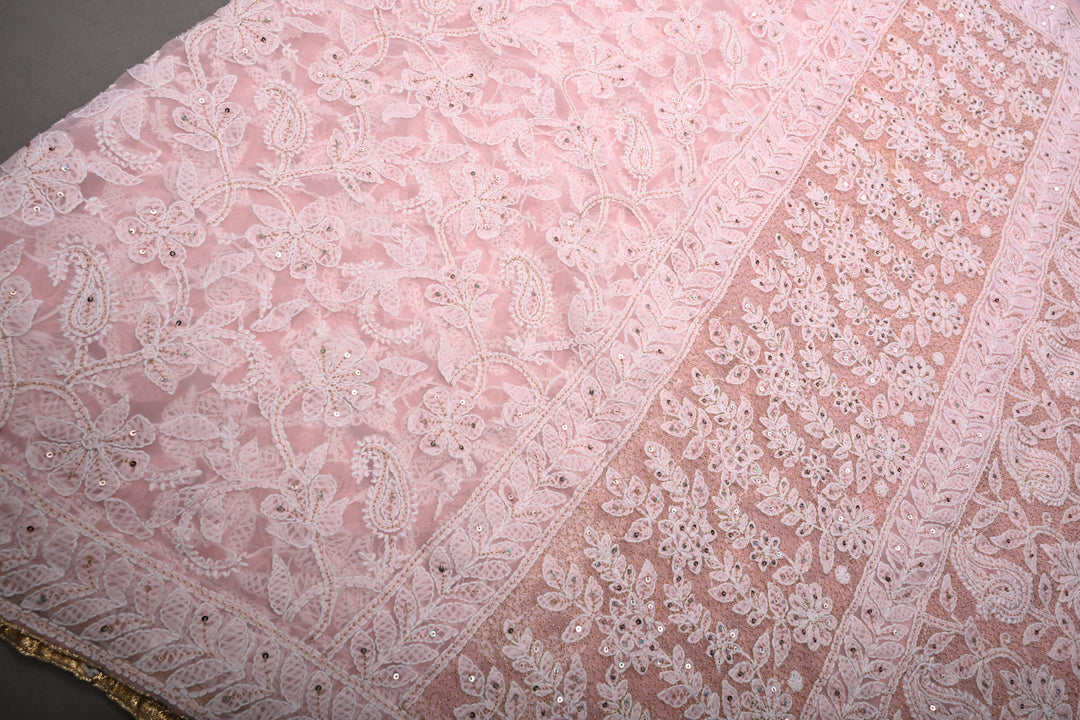 Peach Authentic Hand-Embroidered Full Jaal Chikankari Georgette Saree with Sequins and Aari work| SHOBITAM