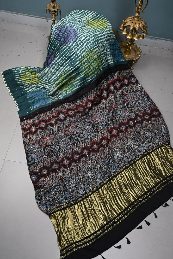 Tikki Work on Ajrakh Shibori Handcrafted Jugalbandi Saree in Teal Modal Silk  | SHOBITAM