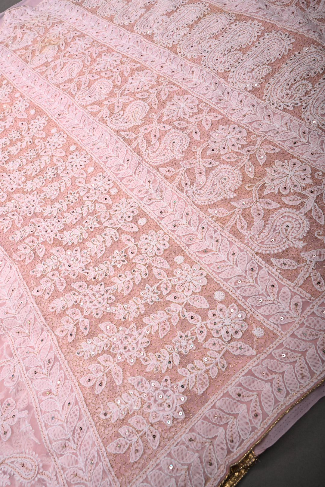Peach Authentic Hand-Embroidered Full Jaal Chikankari Georgette Saree with Sequins and Aari work| SHOBITAM