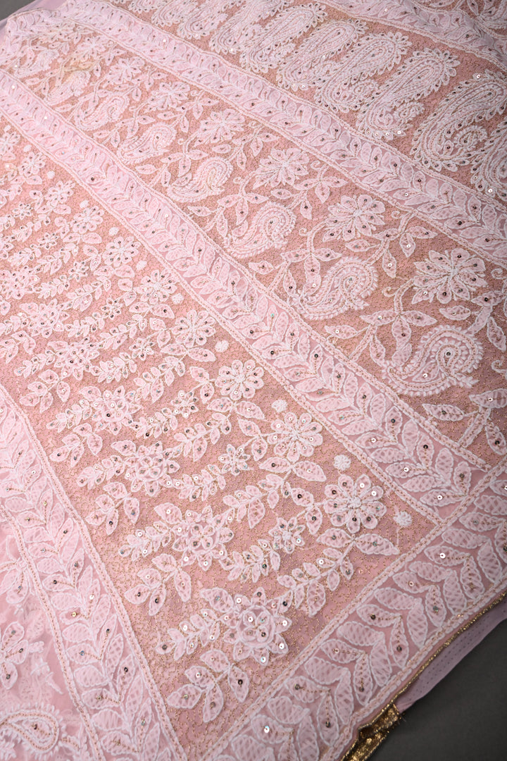 Peach Authentic Hand-Embroidered Full Jaal Chikankari Georgette Saree with Sequins and Aari work| SHOBITAM