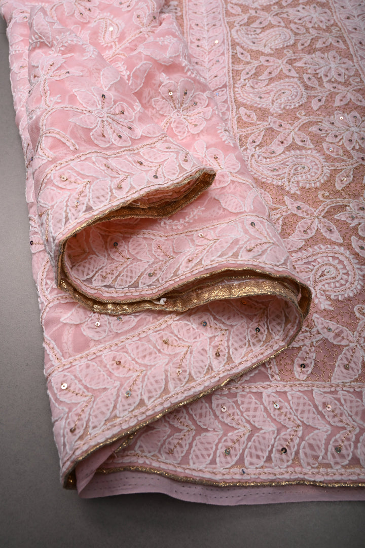 Peach Authentic Hand-Embroidered Full Jaal Chikankari Georgette Saree with Sequins and Aari work| SHOBITAM