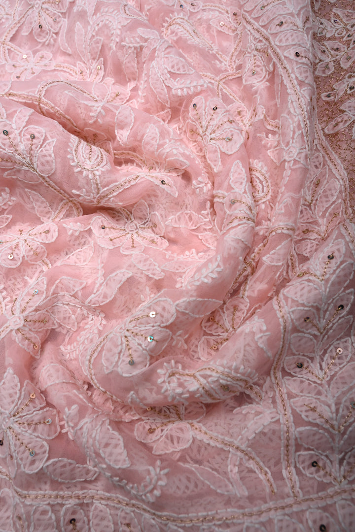 Peach Authentic Hand-Embroidered Full Jaal Chikankari Georgette Saree with Sequins and Aari work| SHOBITAM