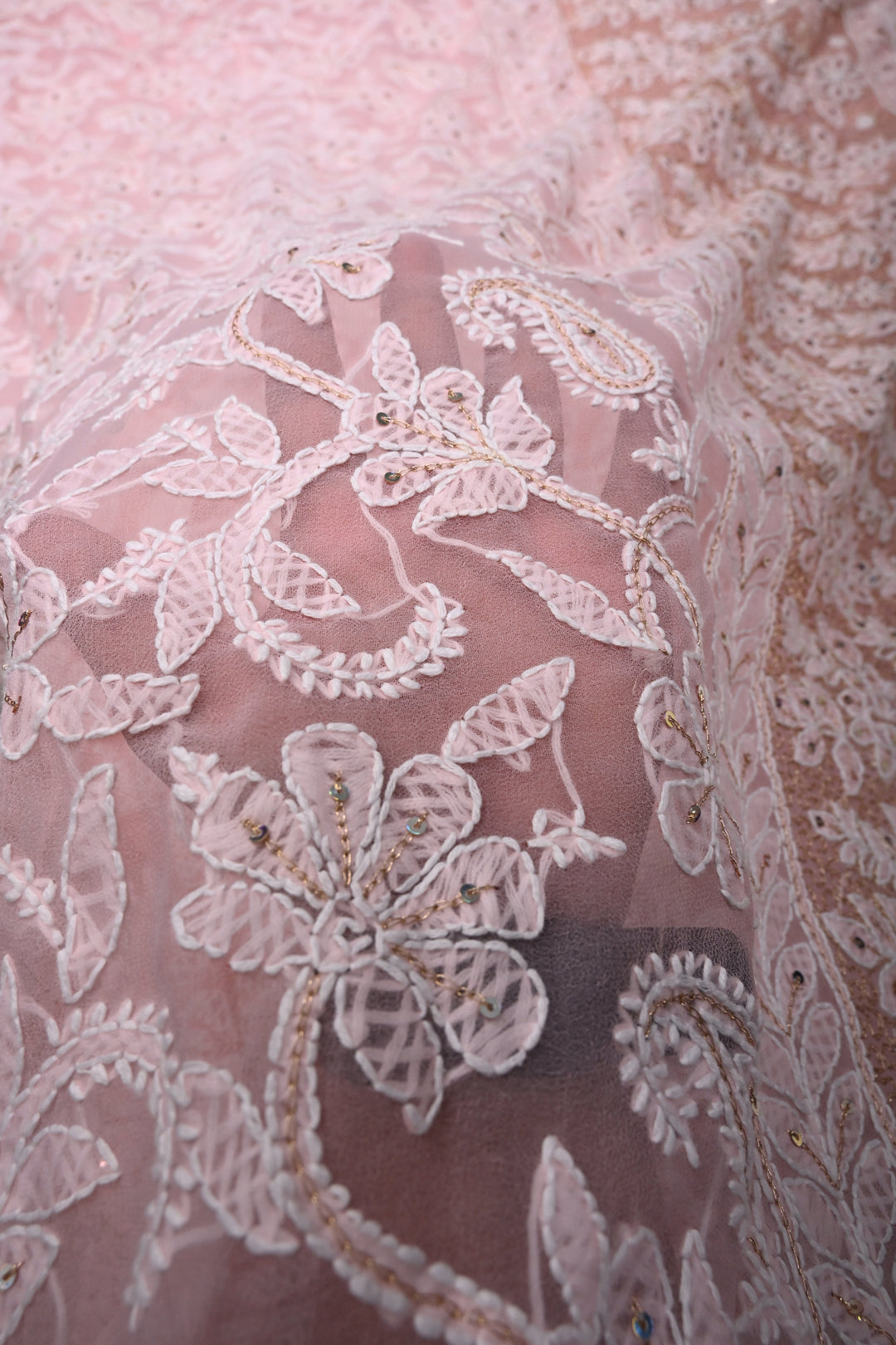 Peach Authentic Hand-Embroidered Full Jaal Chikankari Georgette Saree with Sequins and Aari work| SHOBITAM