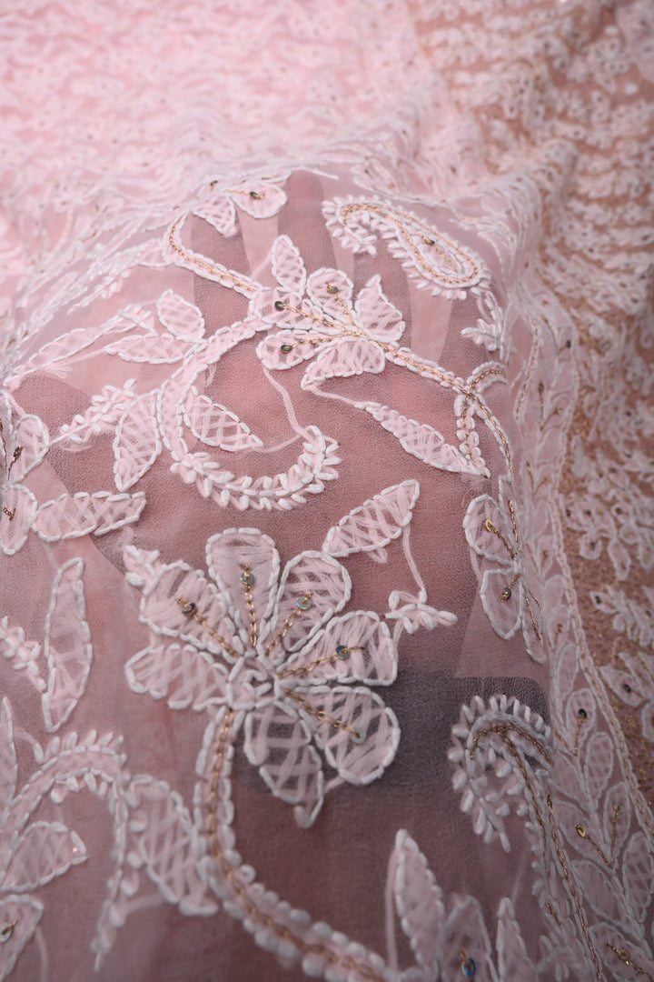 Peach Authentic Hand-Embroidered Full Jaal Chikankari Georgette Saree with Sequins and Aari work| SHOBITAM