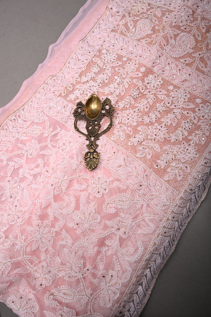 Peach Authentic Hand-Embroidered Full Jaal Chikankari Georgette Saree with Sequins and Aari work| SHOBITAM
