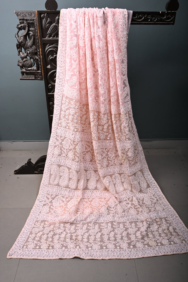 Peach Authentic Hand-Embroidered Full Jaal Chikankari Georgette Saree with Sequins and Aari work| SHOBITAM
