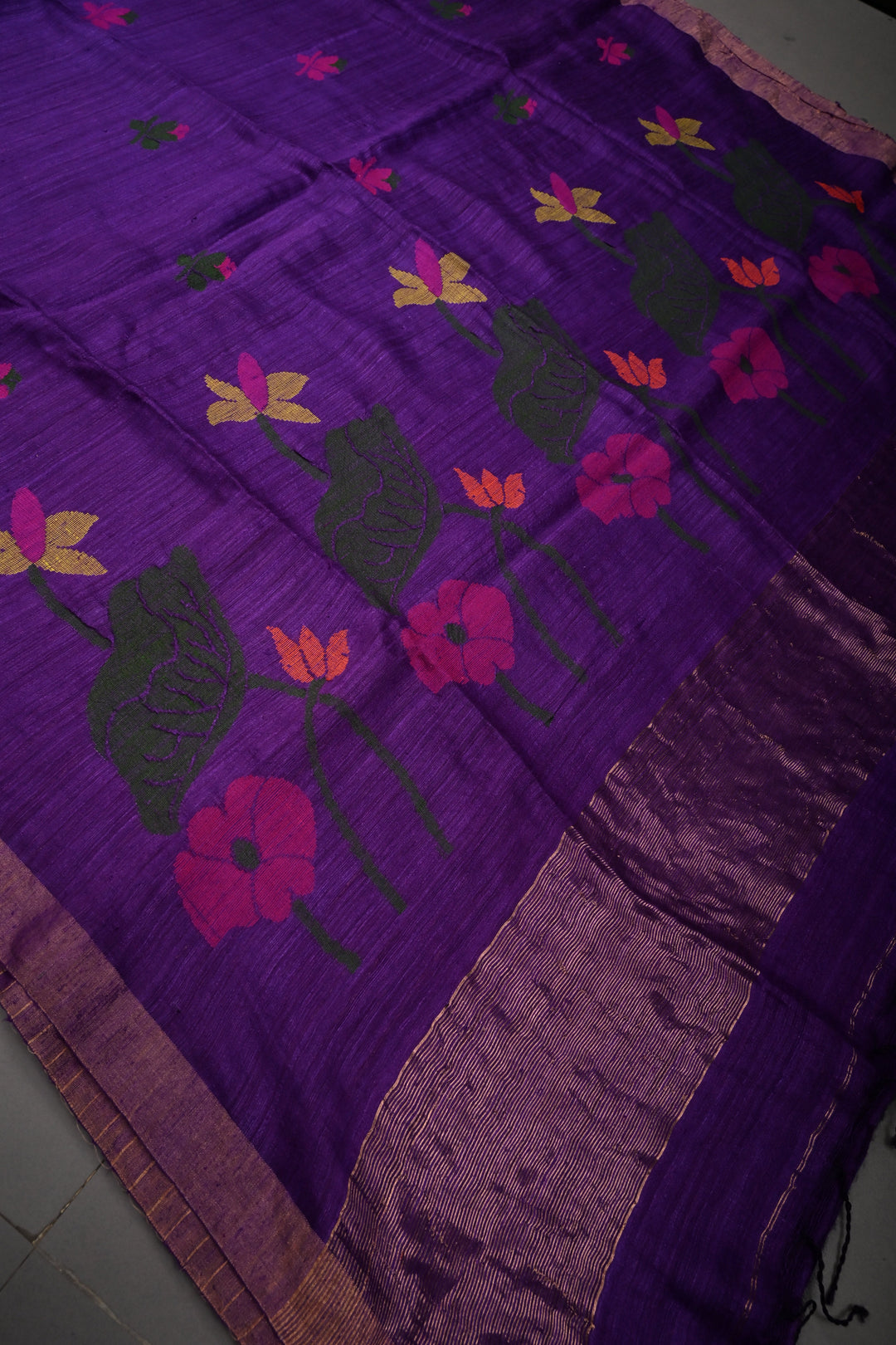 Deep Purple Matka Silk Saree with Jamdani Meenakari Weaving Buttas and Antique Zari Border | SILK MARK CERTIFIED | SHOBITAM