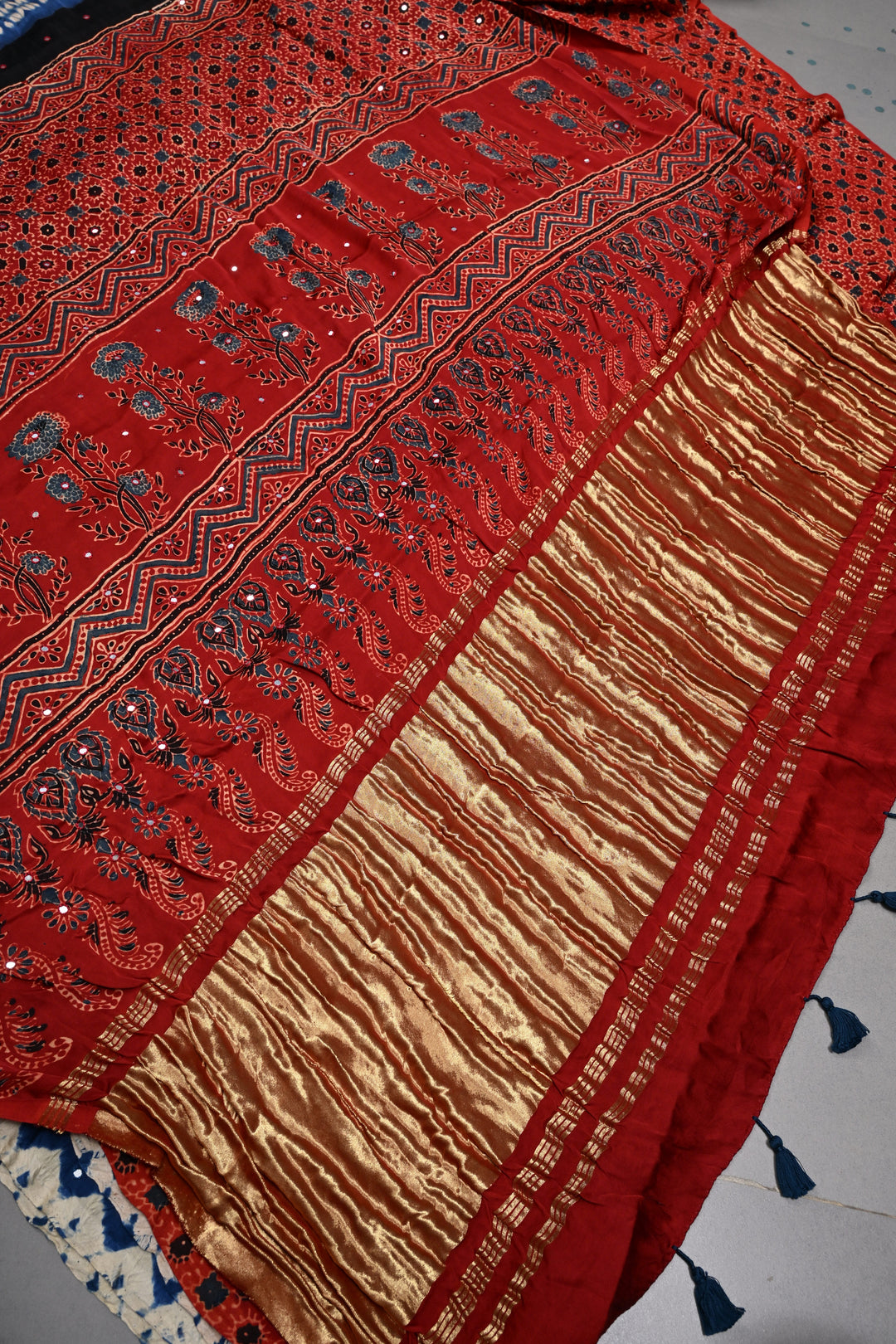 Tikki Work on Ajrakh Shibori Handcrafted Jugalbandi Saree in Blue Modal Silk  | SHOBITAM
