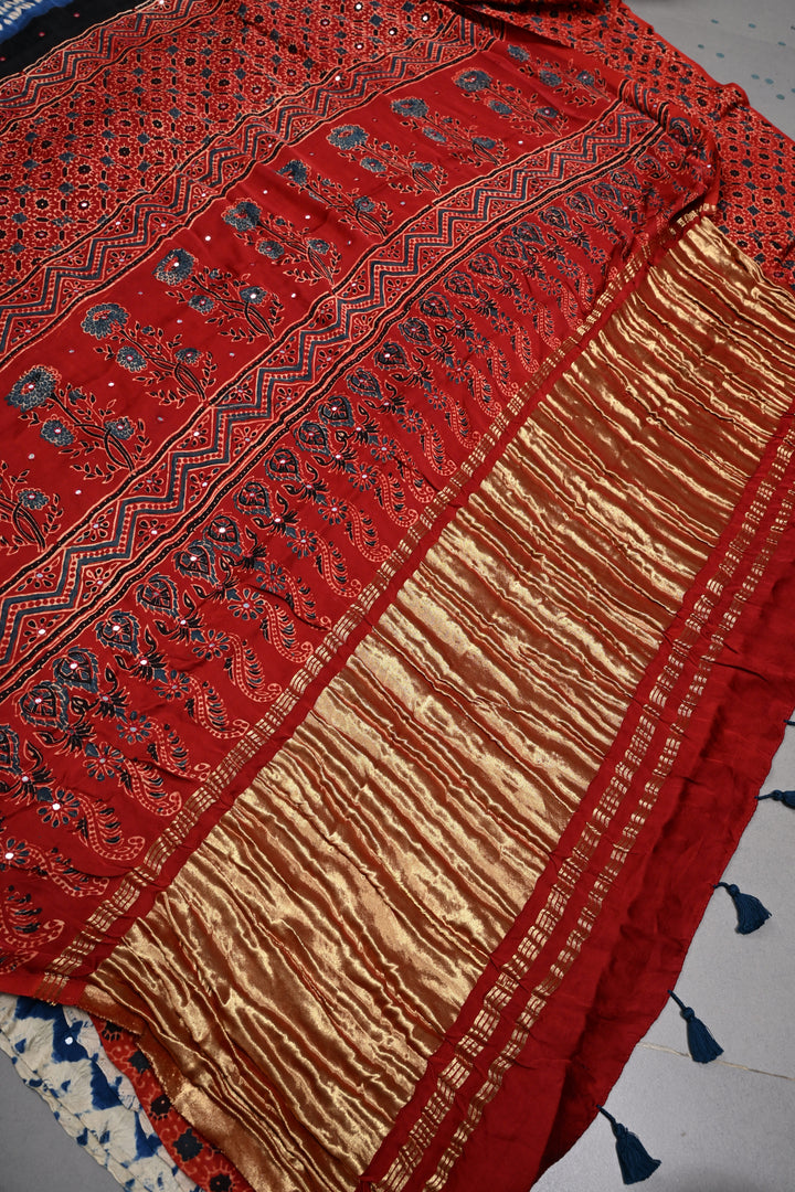 Tikki Work on Ajrakh Shibori Handcrafted Jugalbandi Saree in Blue Modal Silk  | SHOBITAM