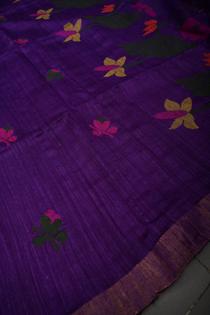 Deep Purple Matka Silk Saree with Jamdani Meenakari Weaving Buttas and Antique Zari Border | SILK MARK CERTIFIED | SHOBITAM