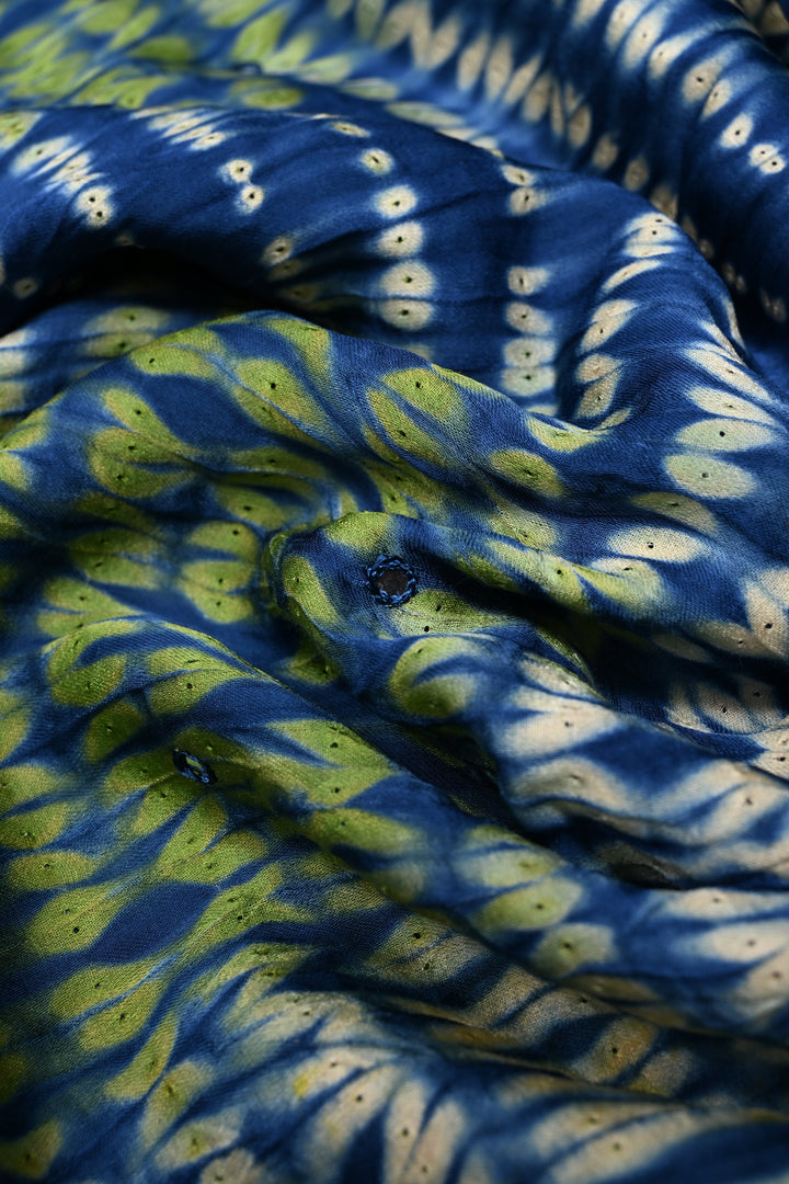 Tikki Work on Ajrakh Shibori Handcrafted Jugalbandi Saree in Blue Modal Silk  | SHOBITAM