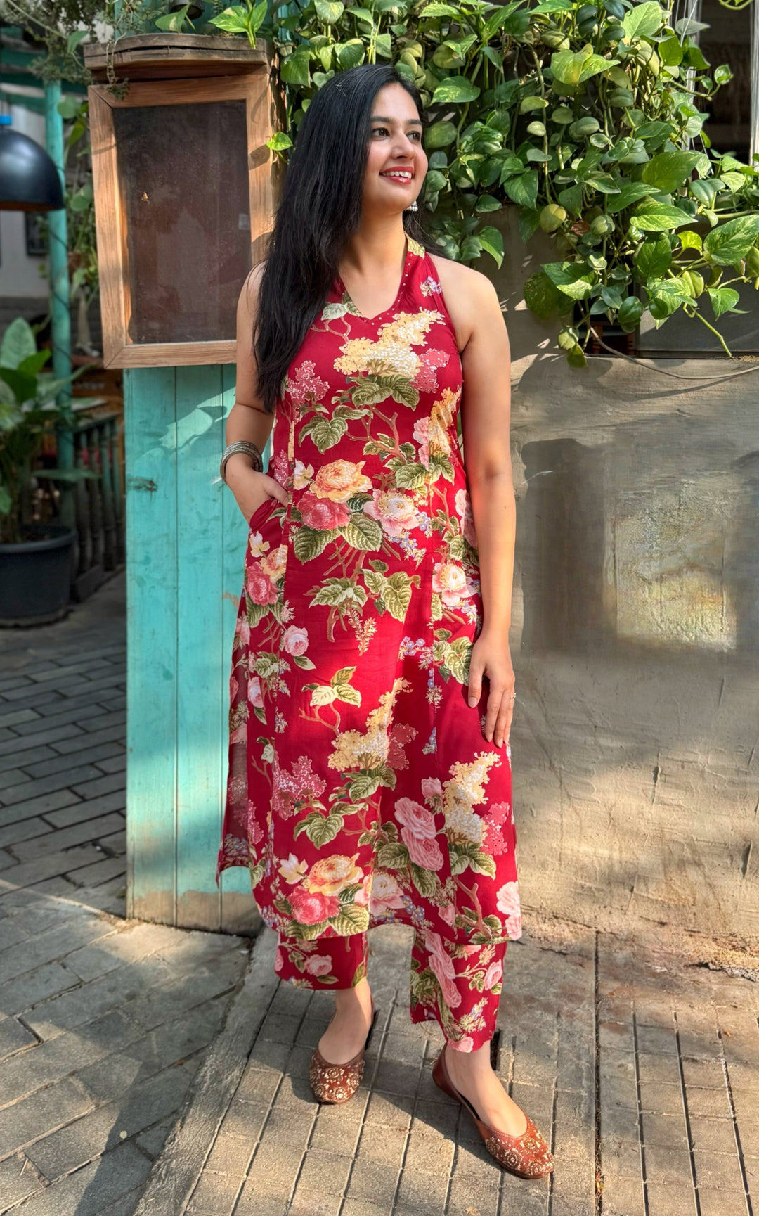 MERLOT Red Cotton Floral Printed Kurta Set Of 2