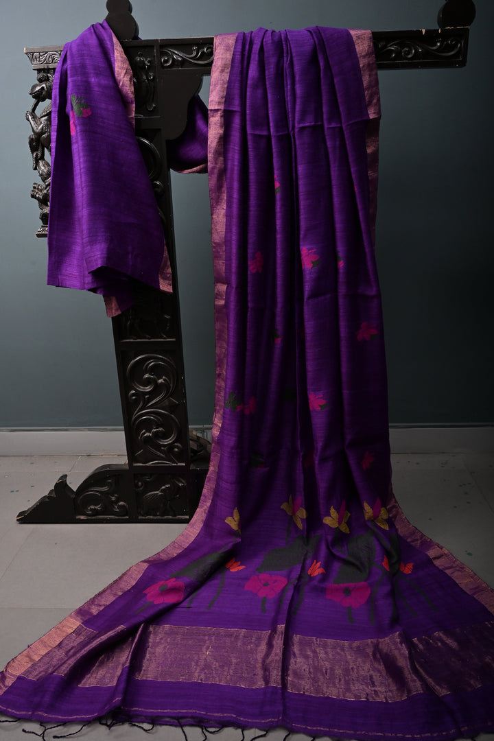 Deep Purple Matka Silk Saree with Jamdani Meenakari Weaving Buttas and Antique Zari Border | SILK MARK CERTIFIED | SHOBITAM