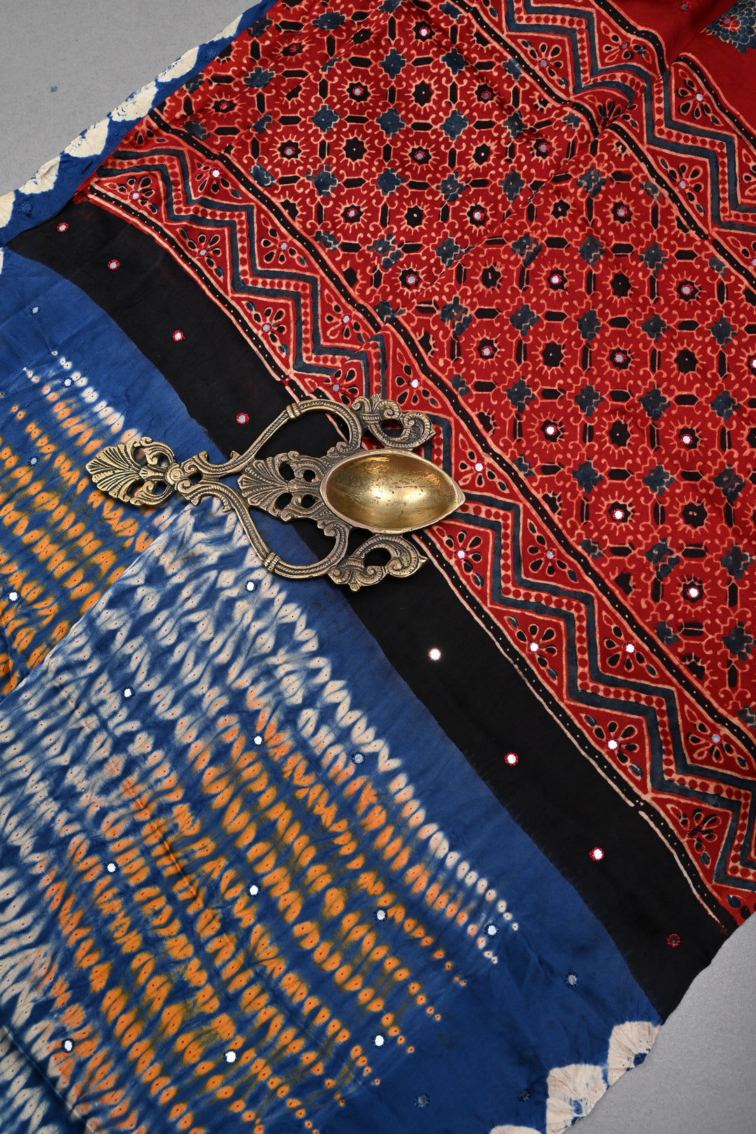 Tikki Work on Ajrakh Shibori Handcrafted Jugalbandi Saree in Blue Modal Silk  | SHOBITAM