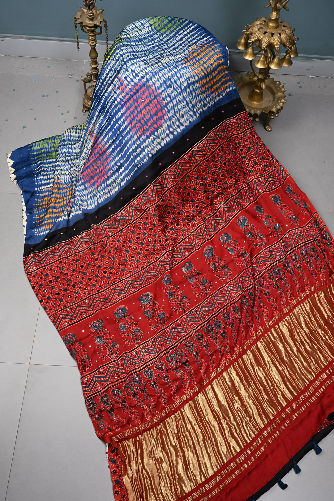 Tikki Work on Ajrakh Shibori Handcrafted Jugalbandi Saree in Blue Modal Silk  | SHOBITAM