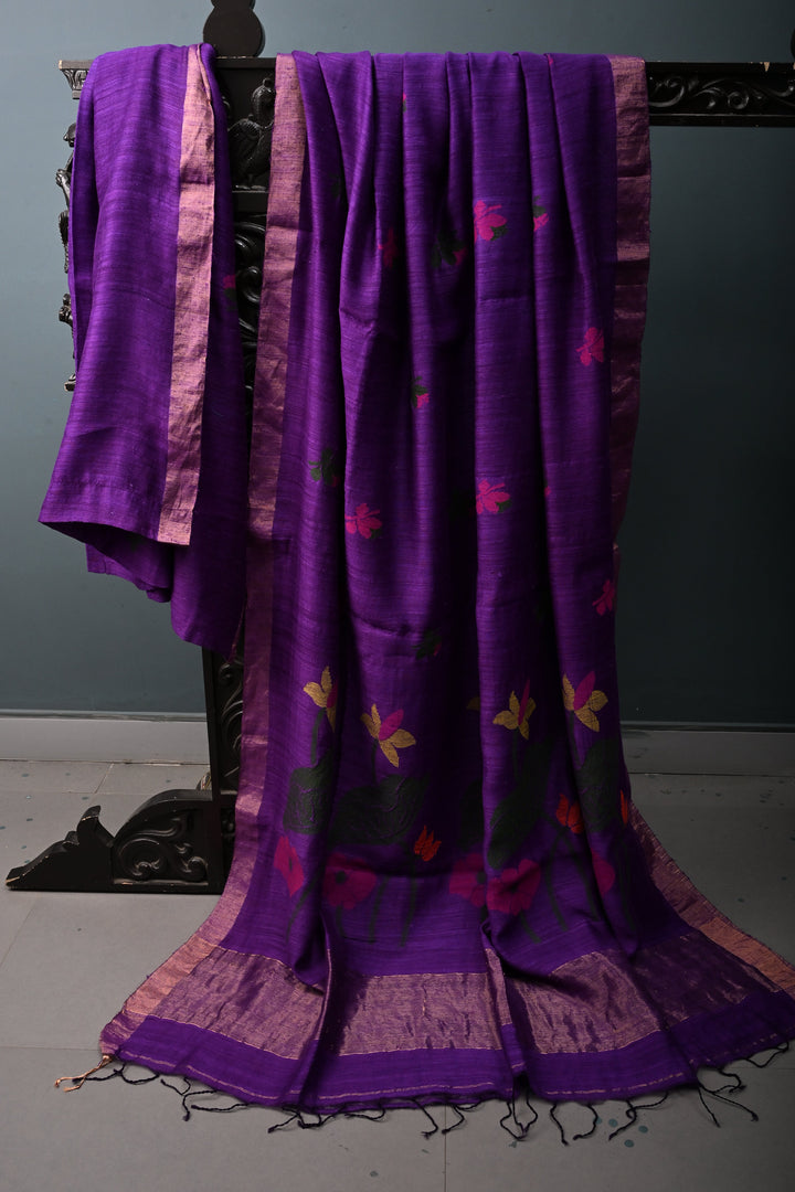 Deep Purple Matka Silk Saree with Jamdani Meenakari Weaving Buttas and Antique Zari Border | SILK MARK CERTIFIED | SHOBITAM