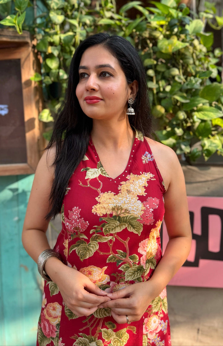 MERLOT Red Cotton Floral Printed Kurta Set Of 2