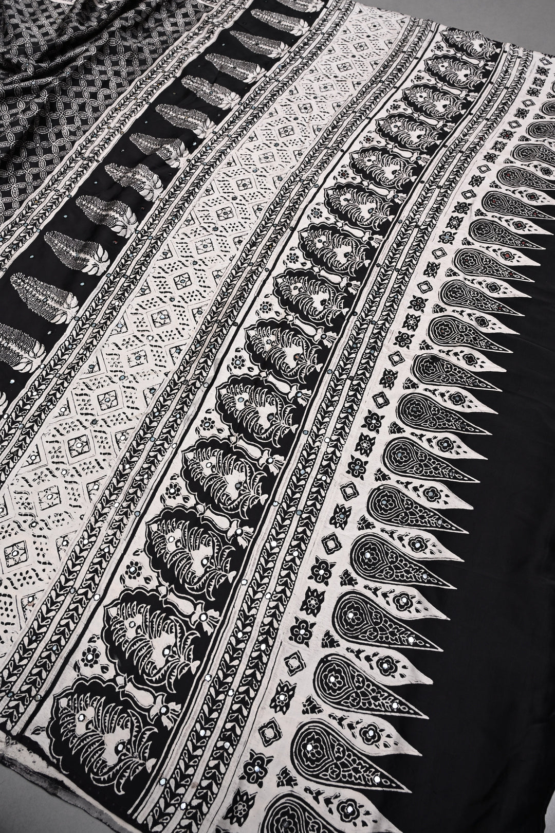 Black-White Authentic Hand Block Print on Modal Silk Saree with Hand Embellished Tikki work and Border | SHOBITAM