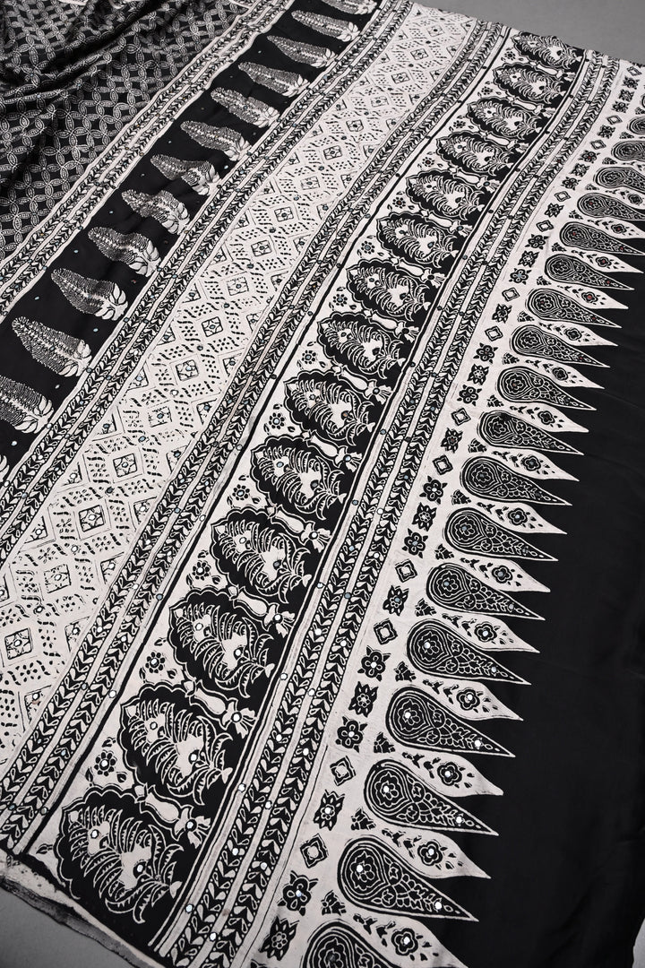 Black-White Authentic Hand Block Print on Modal Silk Saree with Hand Embellished Tikki work and Border | SHOBITAM