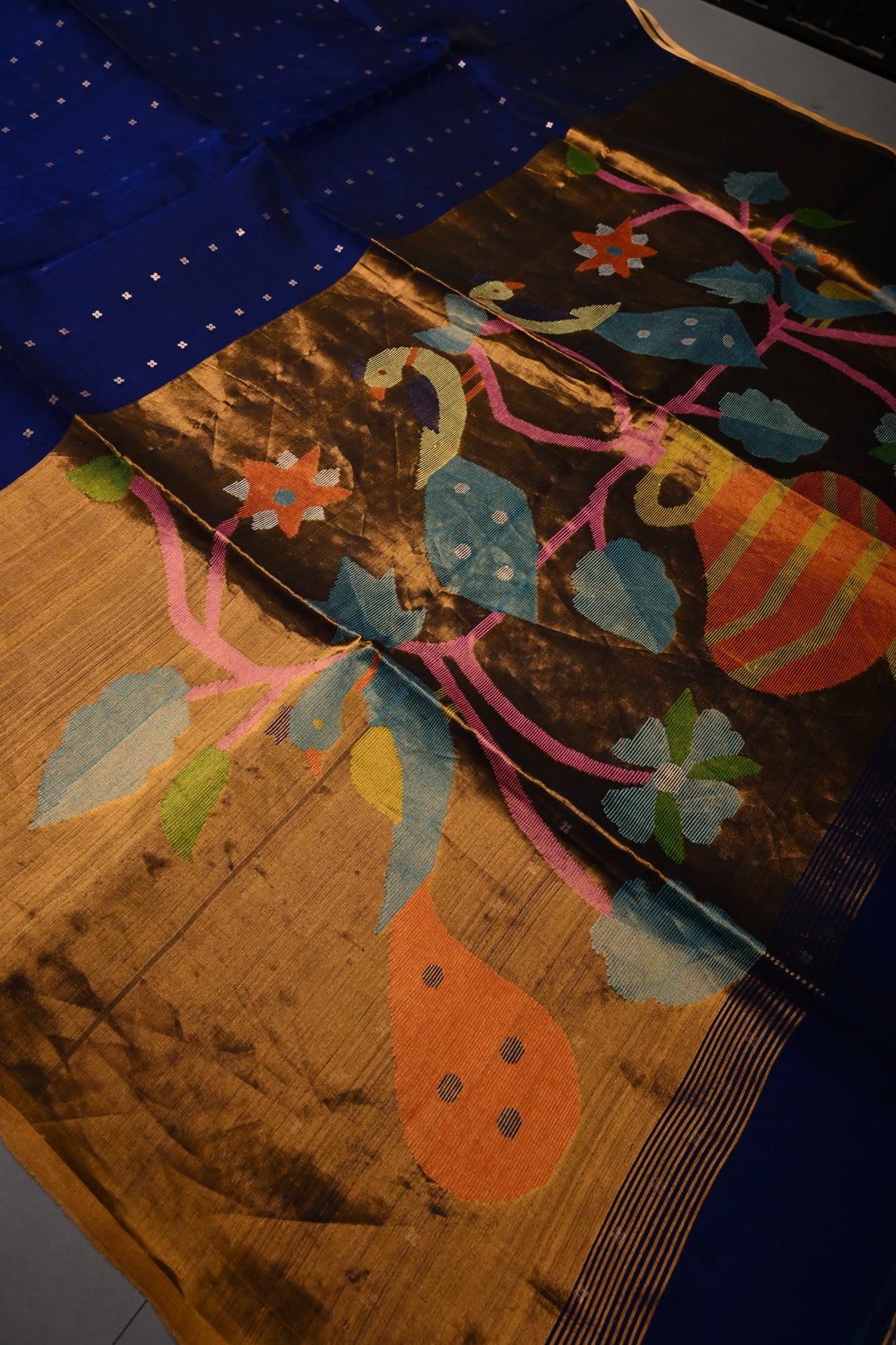 Navy Blue Muslin Silk Saree with Pocket Sequins and Minimal Zari Border | SILK MARK CERTIFIED | SHOBITAM