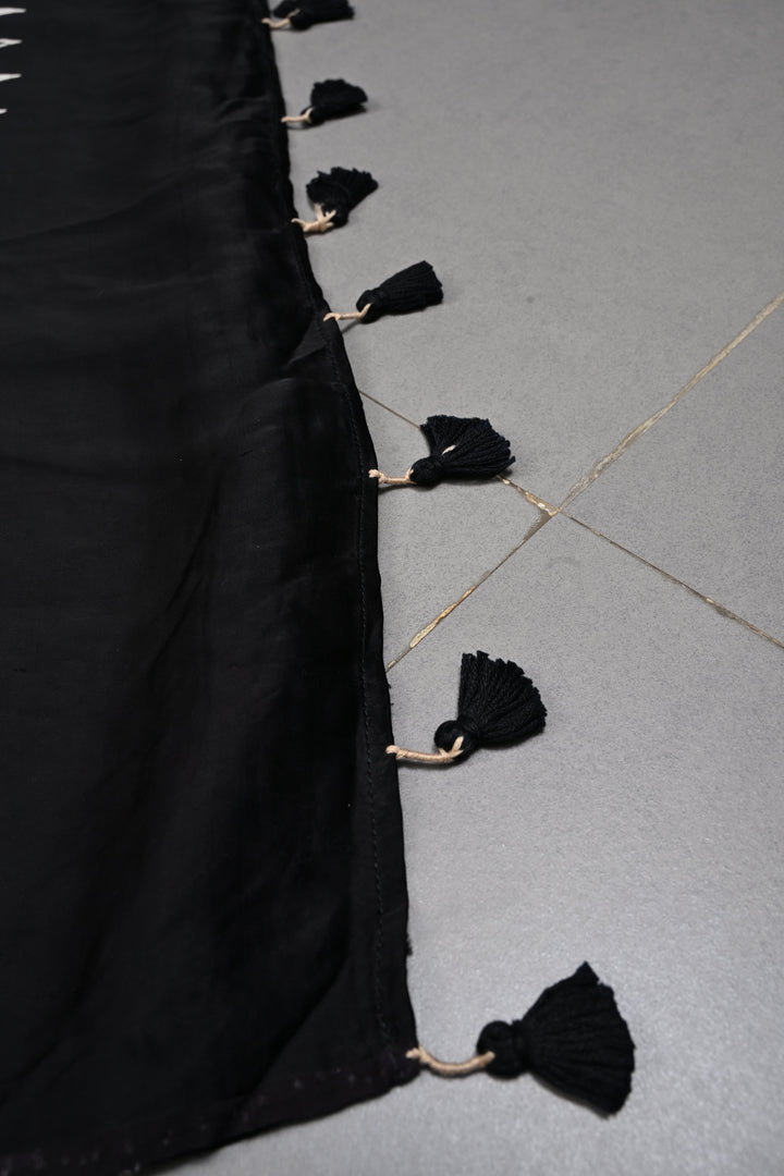 Black-White Authentic Hand Block Print on Modal Silk Saree with Hand Embellished Tikki work and Border | SHOBITAM