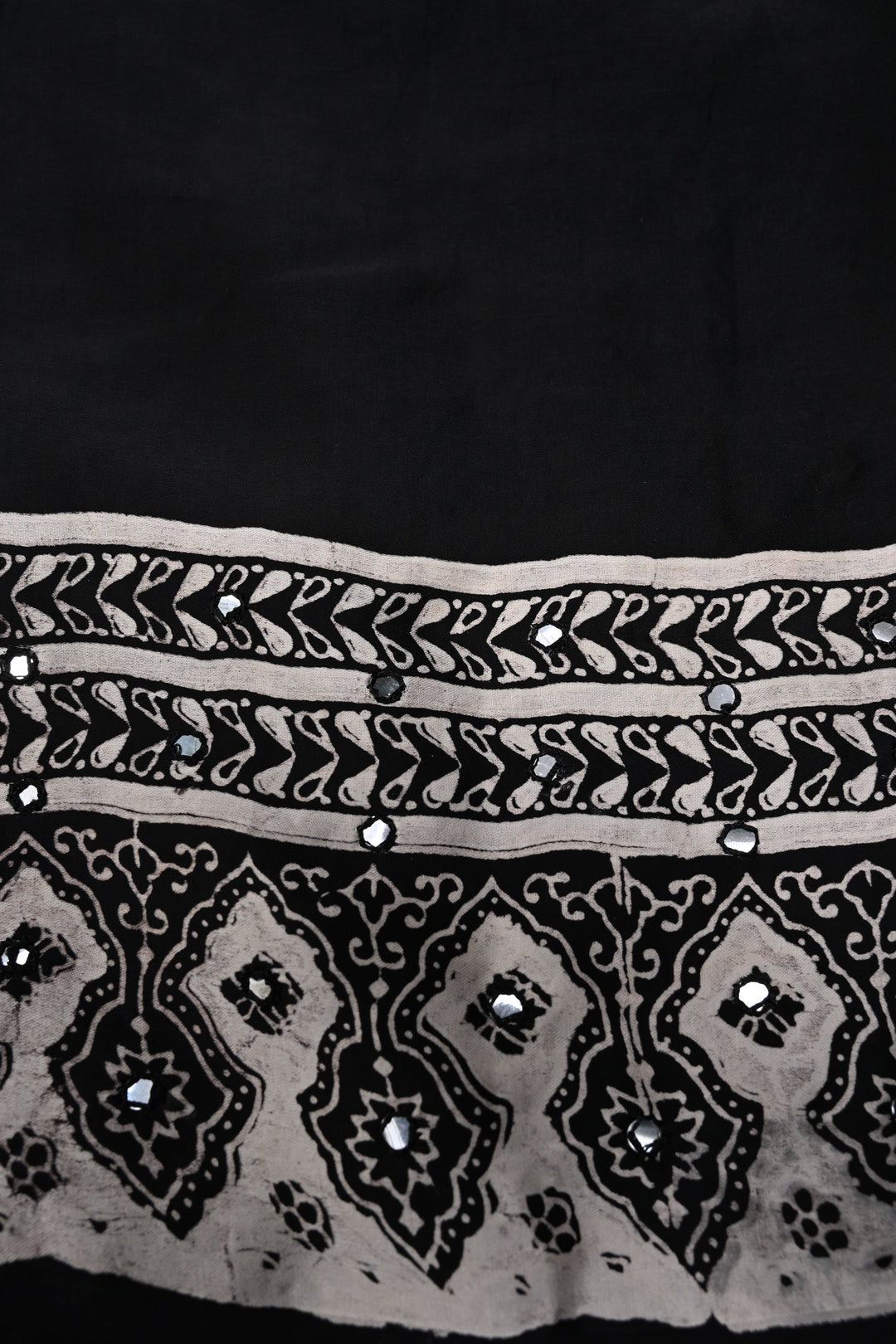 Black-White Authentic Hand Block Print on Modal Silk Saree with Hand Embellished Tikki work and Border | SHOBITAM