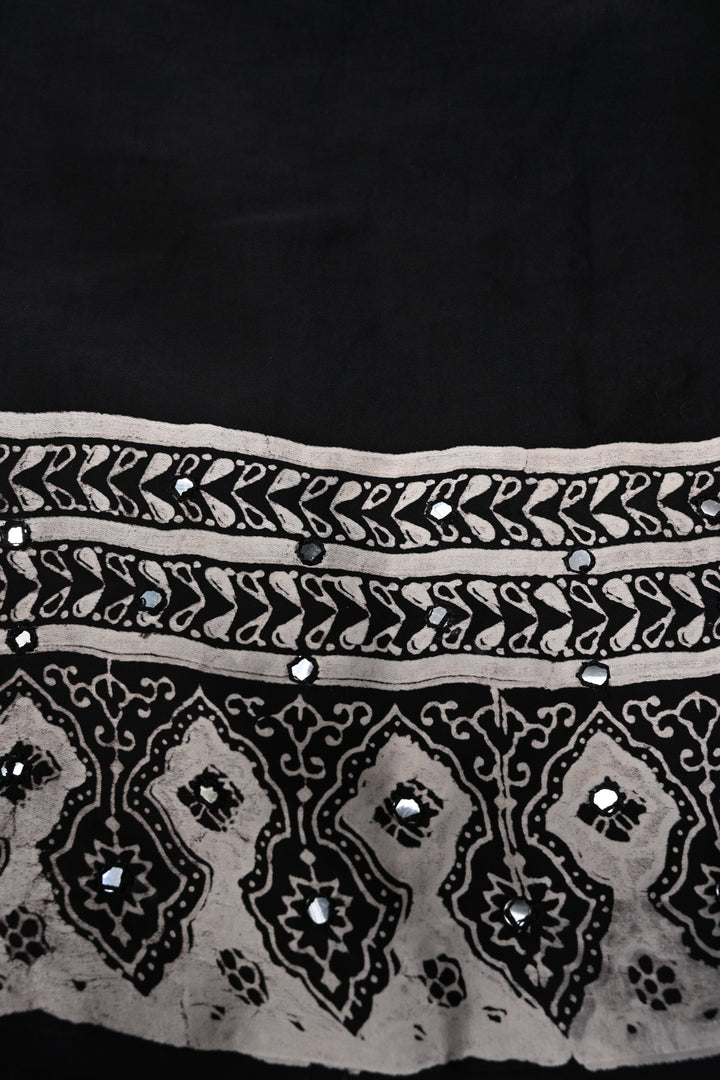 Black-White Authentic Hand Block Print on Modal Silk Saree with Hand Embellished Tikki work and Border | SHOBITAM
