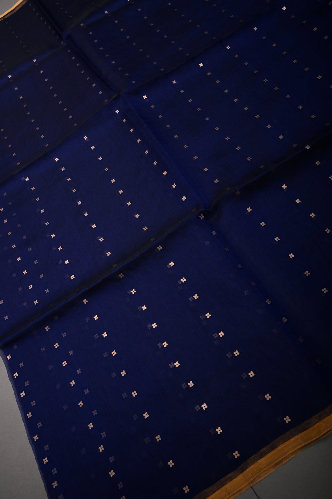 Navy Blue Muslin Silk Saree with Pocket Sequins and Minimal Zari Border | SILK MARK CERTIFIED | SHOBITAM