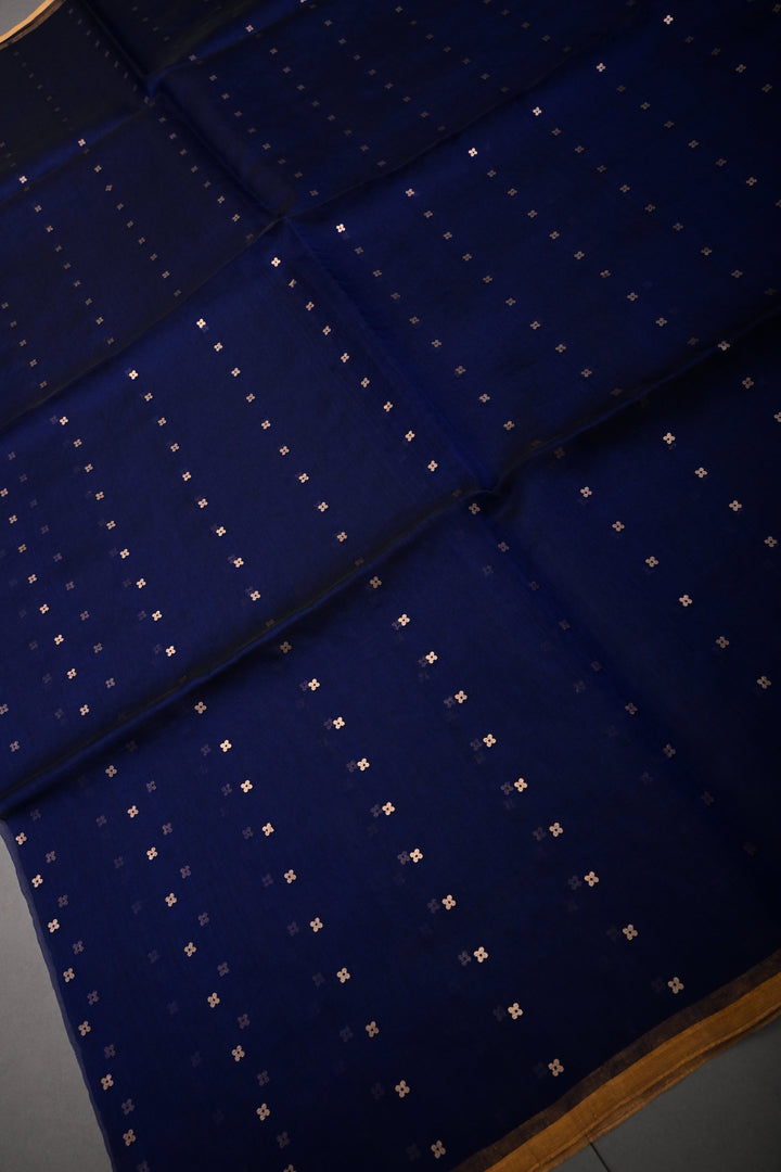 Navy Blue Muslin Silk Saree with Pocket Sequins and Minimal Zari Border | SILK MARK CERTIFIED | SHOBITAM