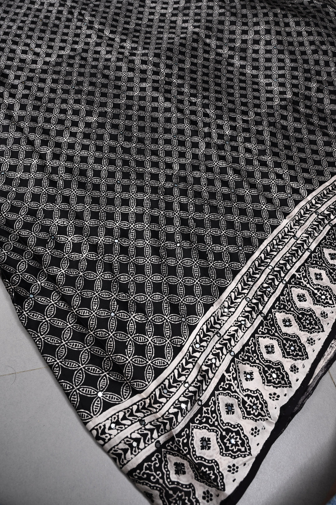 Black-White Authentic Hand Block Print on Modal Silk Saree with Hand Embellished Tikki work and Border | SHOBITAM
