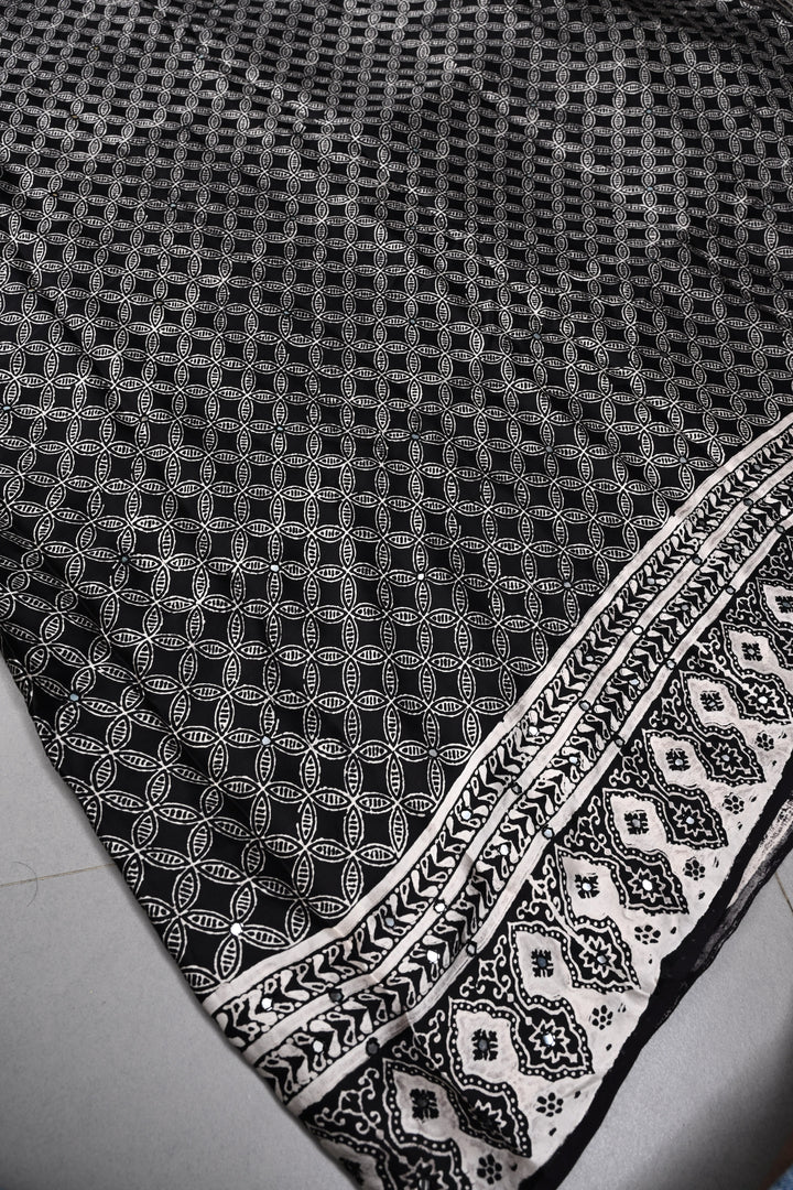 Black-White Authentic Hand Block Print on Modal Silk Saree with Hand Embellished Tikki work and Border | SHOBITAM
