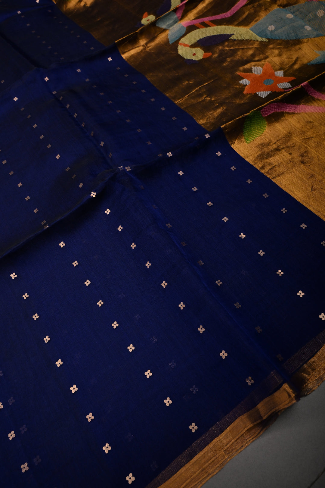 Navy Blue Muslin Silk Saree with Pocket Sequins and Minimal Zari Border | SILK MARK CERTIFIED | SHOBITAM