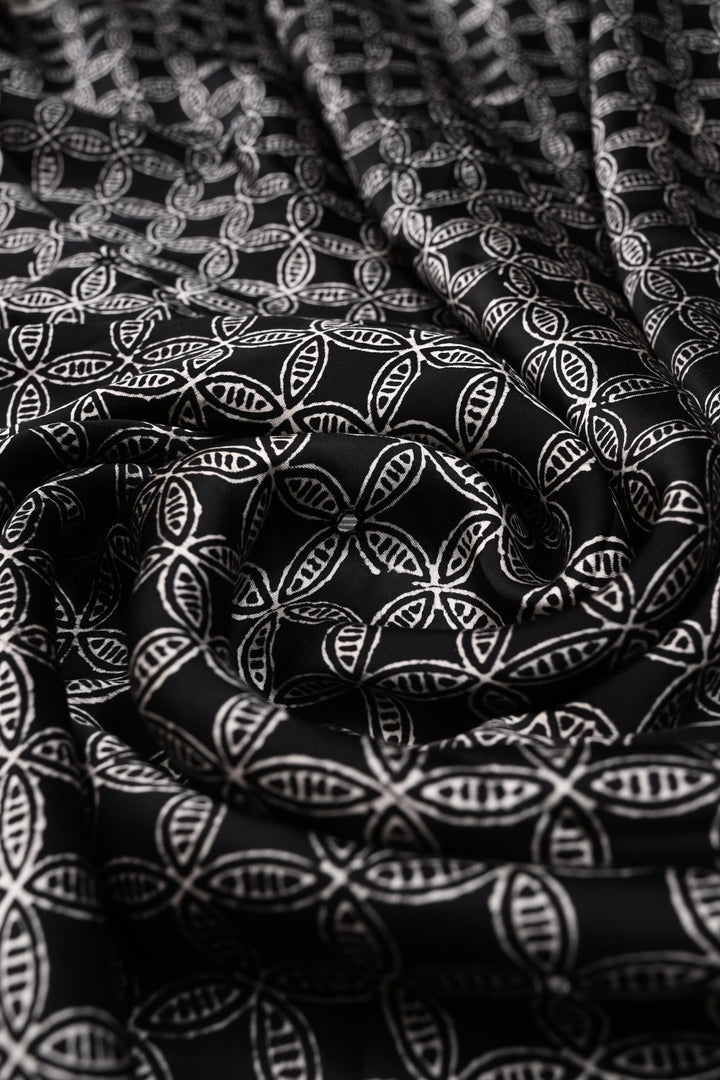 Black-White Authentic Hand Block Print on Modal Silk Saree with Hand Embellished Tikki work and Border | SHOBITAM