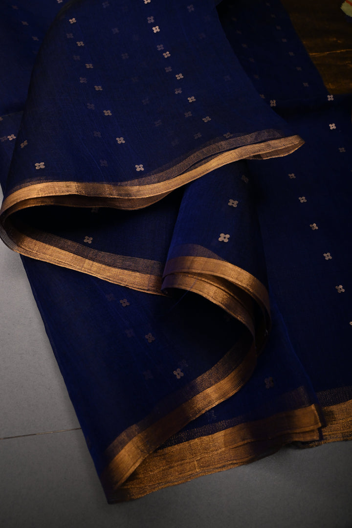 Navy Blue Muslin Silk Saree with Pocket Sequins and Minimal Zari Border | SILK MARK CERTIFIED | SHOBITAM