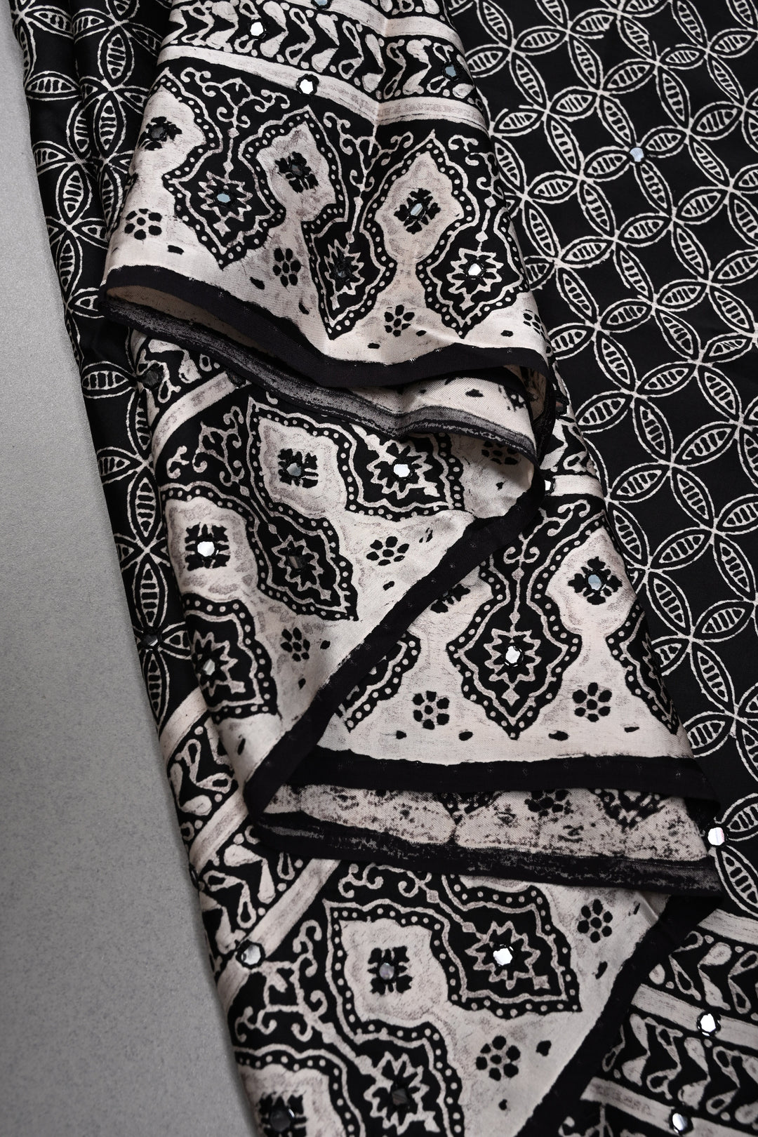 Black-White Authentic Hand Block Print on Modal Silk Saree with Hand Embellished Tikki work and Border | SHOBITAM
