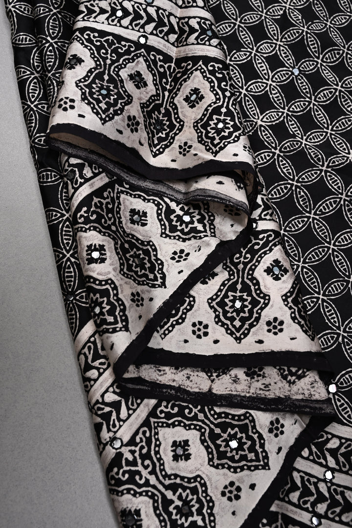 Black-White Authentic Hand Block Print on Modal Silk Saree with Hand Embellished Tikki work and Border | SHOBITAM