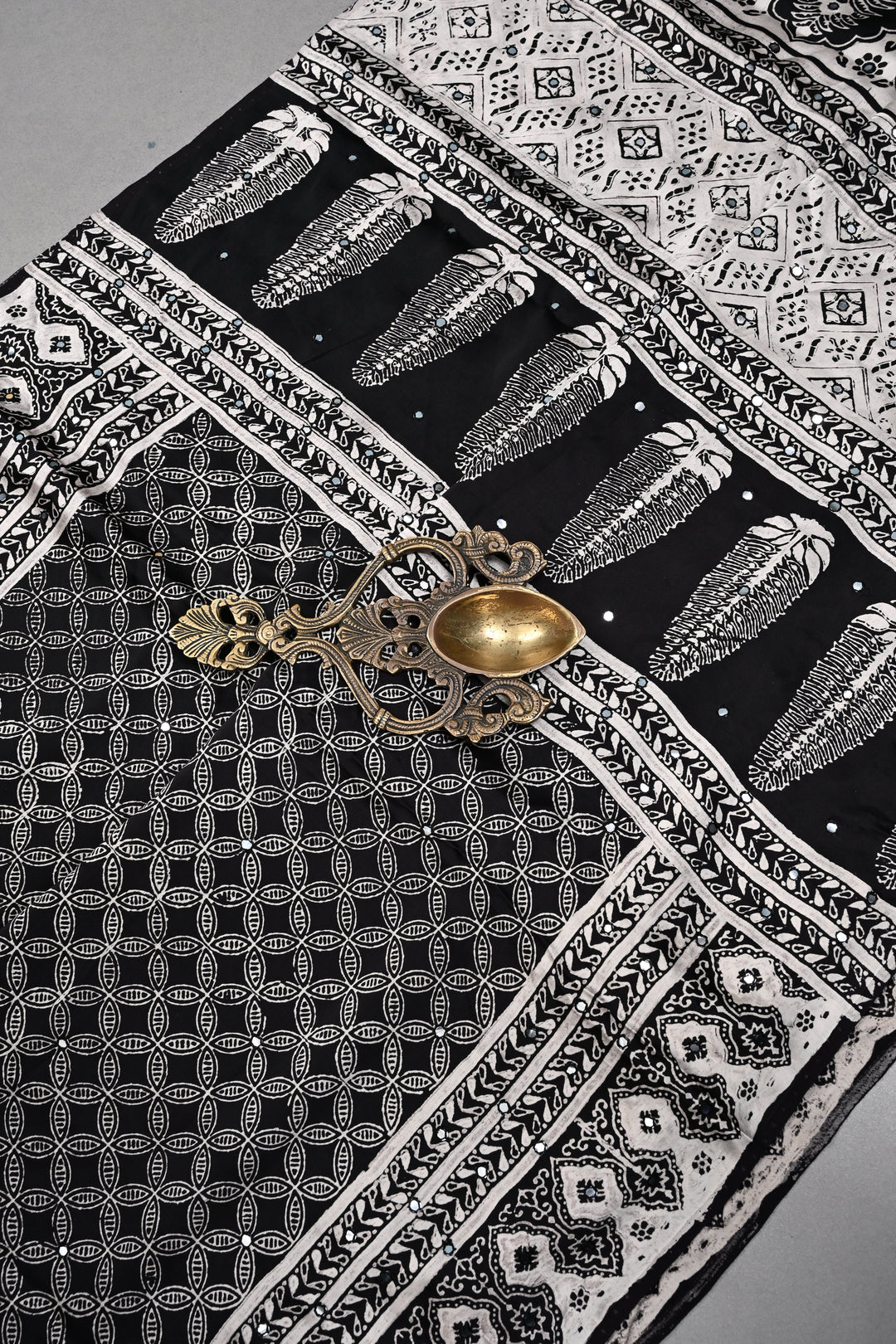 Black-White Authentic Hand Block Print on Modal Silk Saree with Hand Embellished Tikki work and Border | SHOBITAM