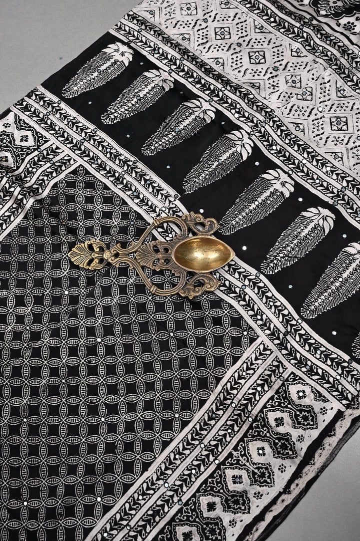 Black-White Authentic Hand Block Print on Modal Silk Saree with Hand Embellished Tikki work and Border | SHOBITAM