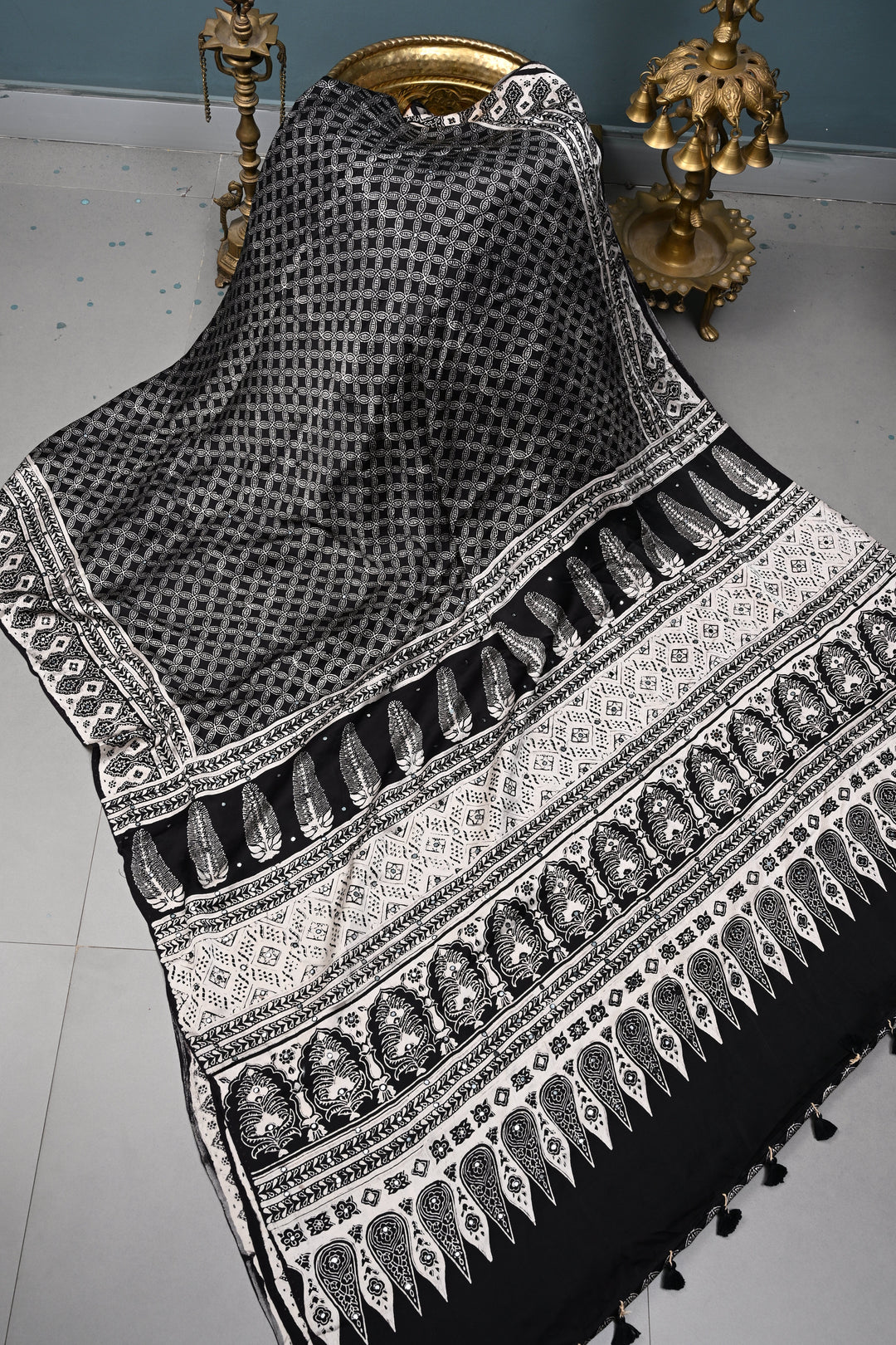 Black-White Authentic Hand Block Print on Modal Silk Saree with Hand Embellished Tikki work and Border | SHOBITAM