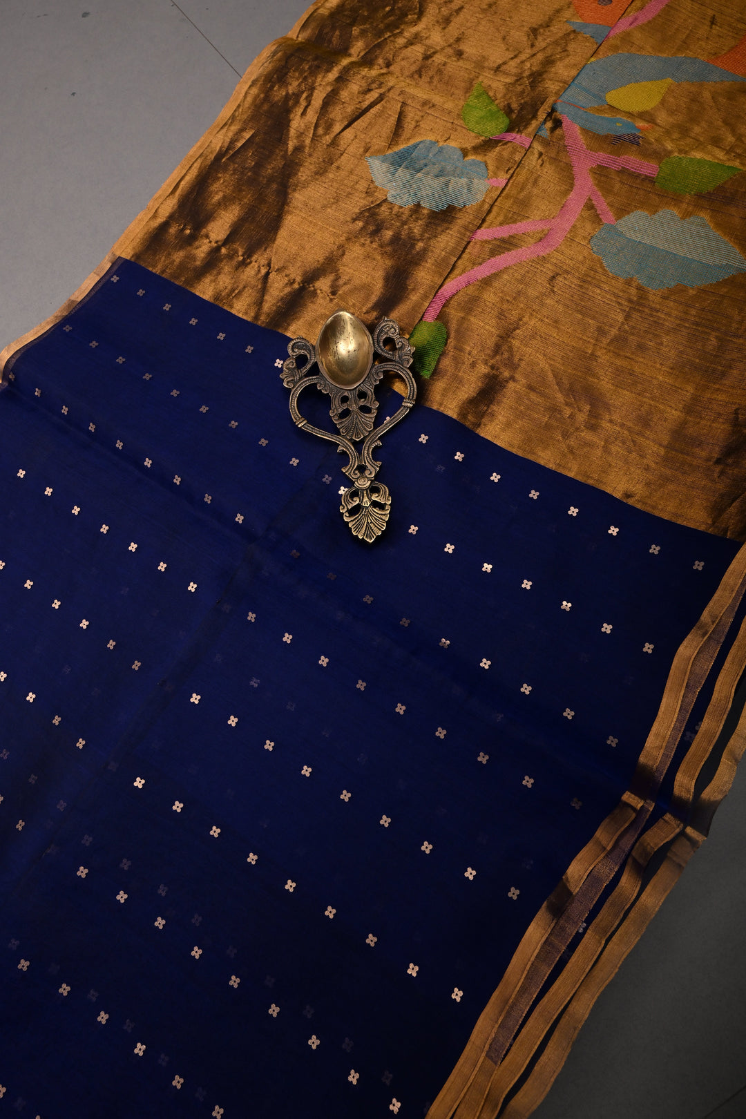 Navy Blue Muslin Silk Saree with Pocket Sequins and Minimal Zari Border | SILK MARK CERTIFIED | SHOBITAM