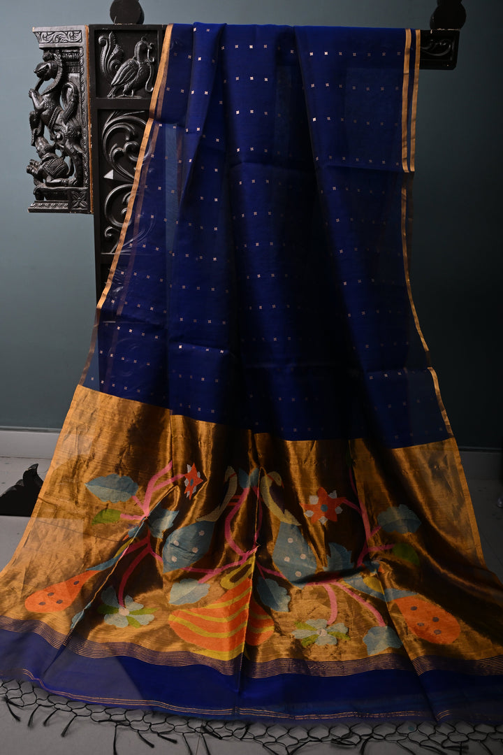 Navy Blue Muslin Silk Saree with Pocket Sequins and Minimal Zari Border | SILK MARK CERTIFIED | SHOBITAM