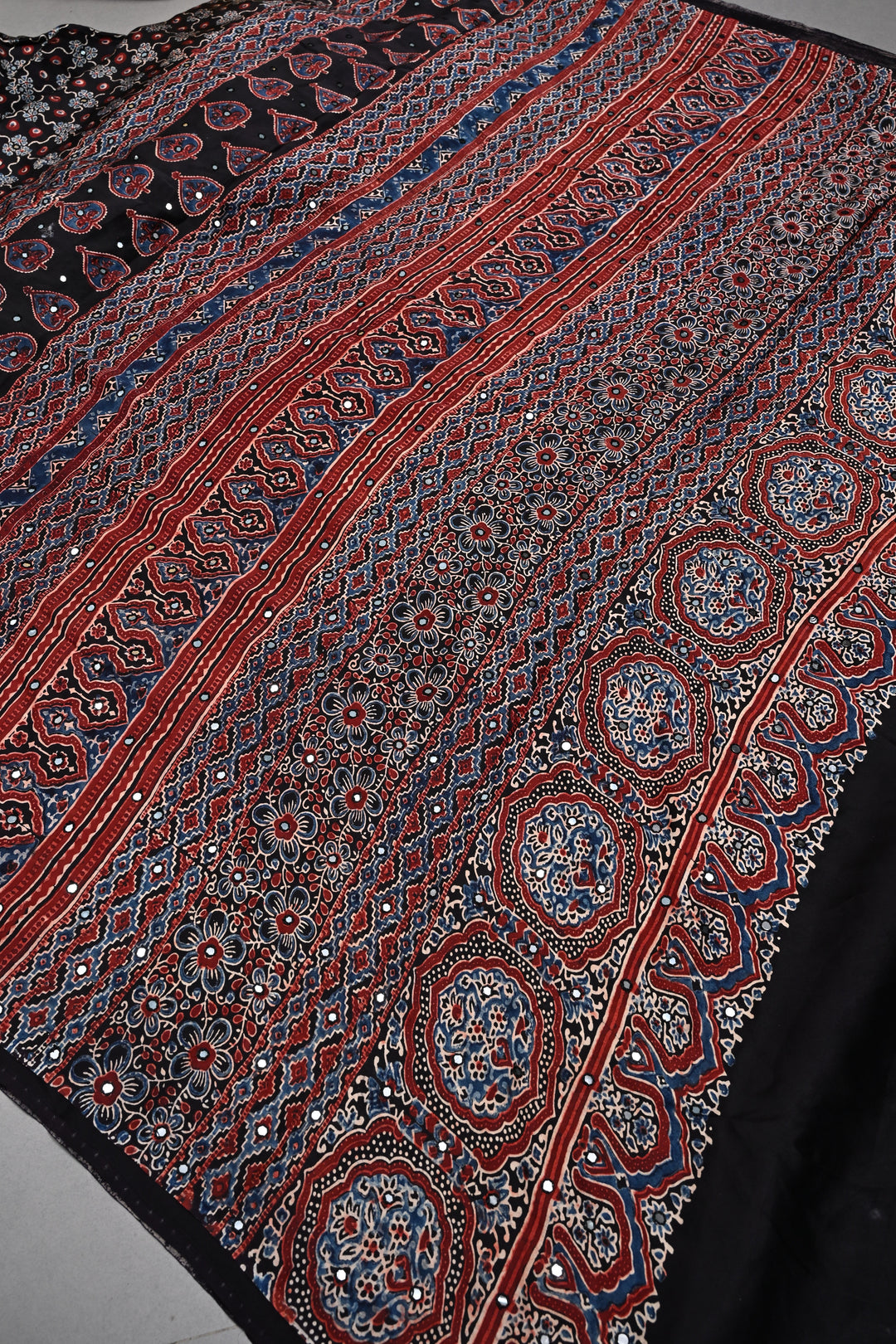 Tikki Work on Ajrakh Handcrafted  Saree in Black Modal Silk| SHOBITAM