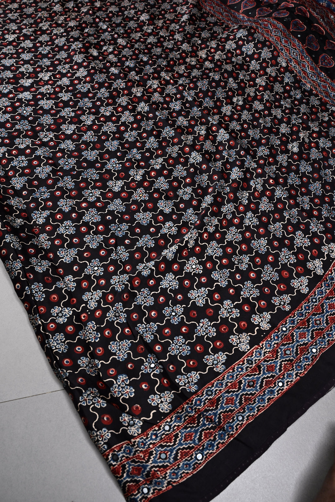 Tikki Work on Ajrakh Handcrafted  Saree in Black Modal Silk| SHOBITAM