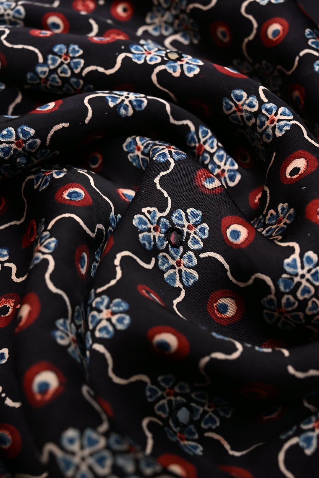 Tikki Work on Ajrakh Handcrafted  Saree in Black Modal Silk| SHOBITAM